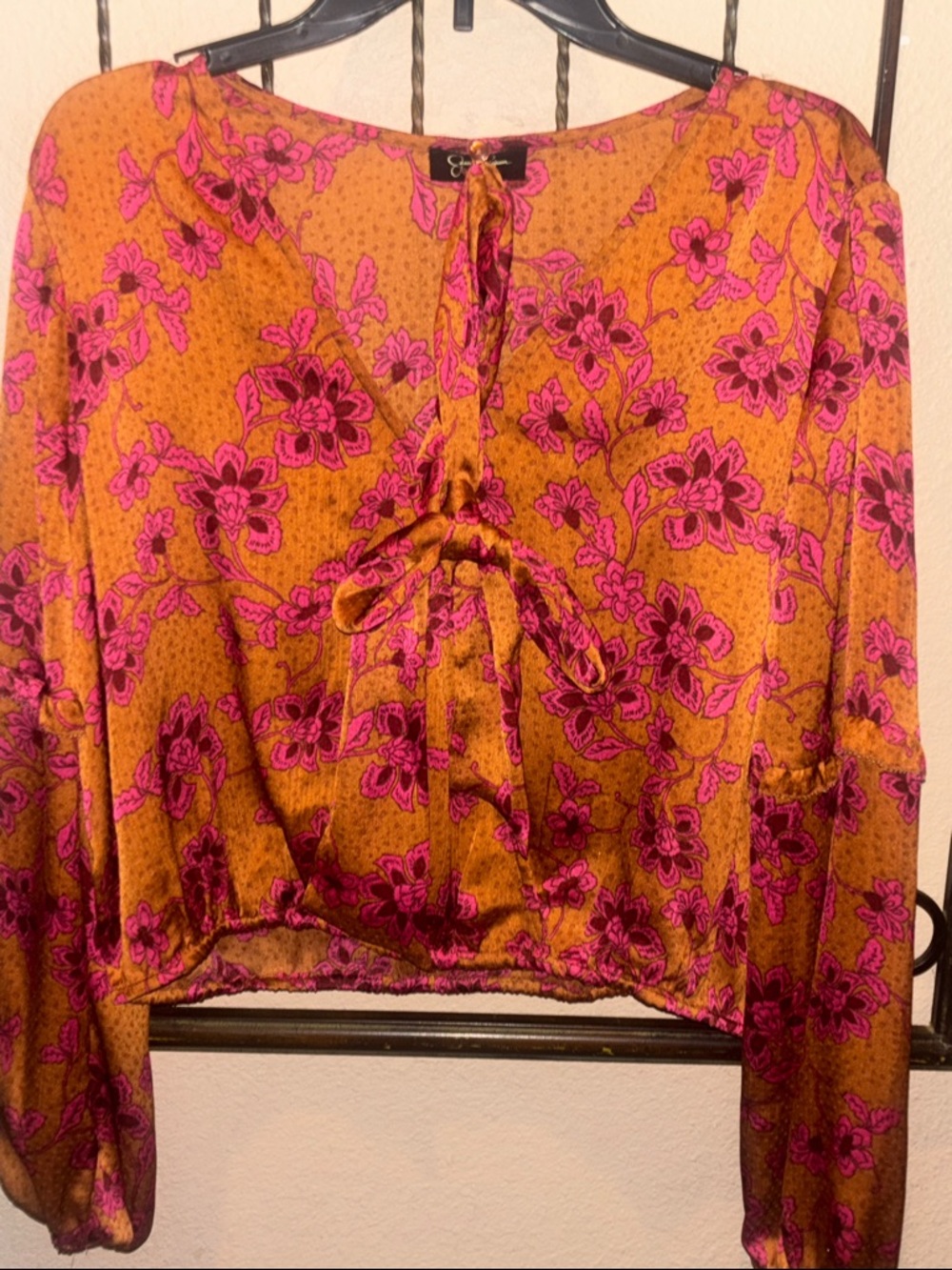 Jessica Simpson Mirasol Fuscia and Burg.Blouse W/ Balloon Sleeve/Front Tie
